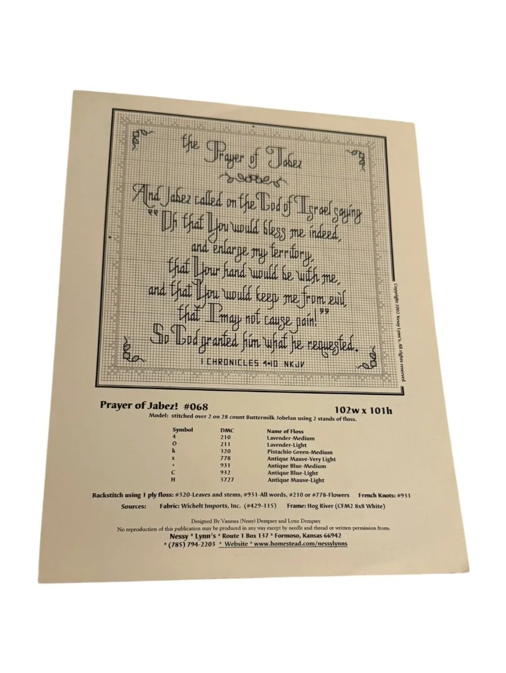 Prayer of Jabez Cross Stitch Pattern by Nessy Lynn's NL #068